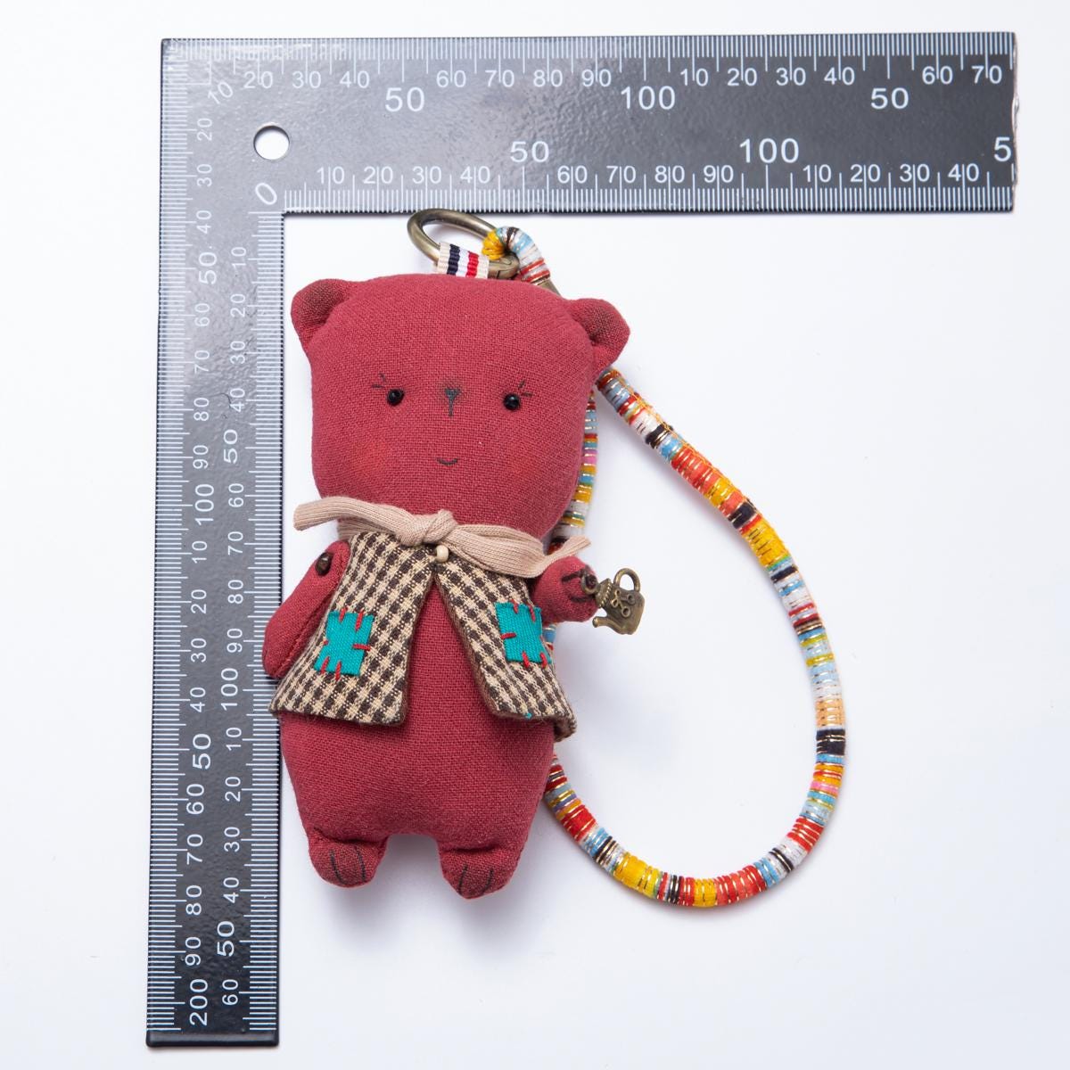 Red Plush Bear Bag Charm 300mm Fabric Teddy Keychain Cute Backpack Accessory with Gingham Scarf Unique Boho Gift for Bear Lovers | WB-00058