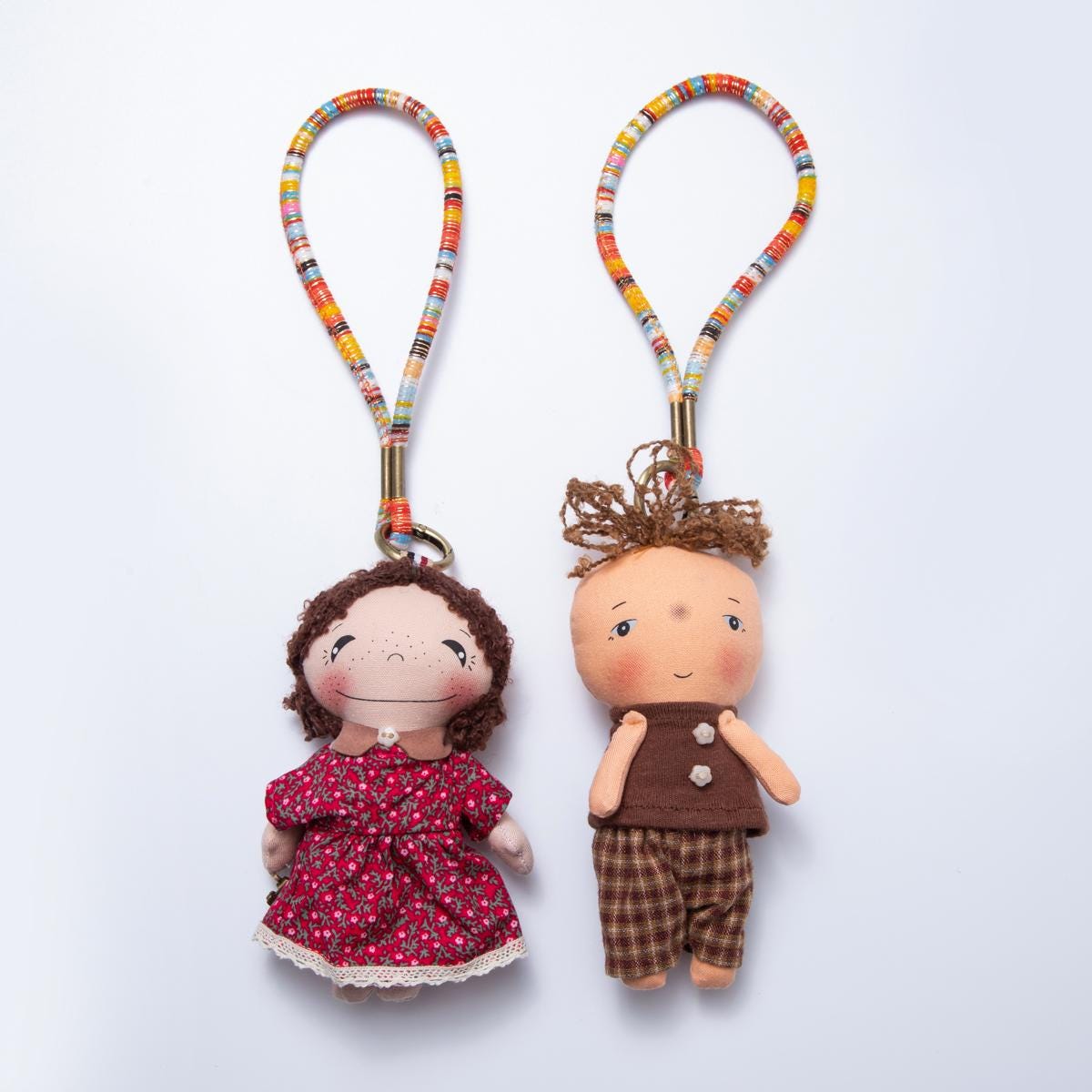 Doll Bag Charms Couple Keychains with Red Floral & Plaid Outfits Fabric Plushie for Purses Backpacks colorful Lanyard Accessory | WB-00059