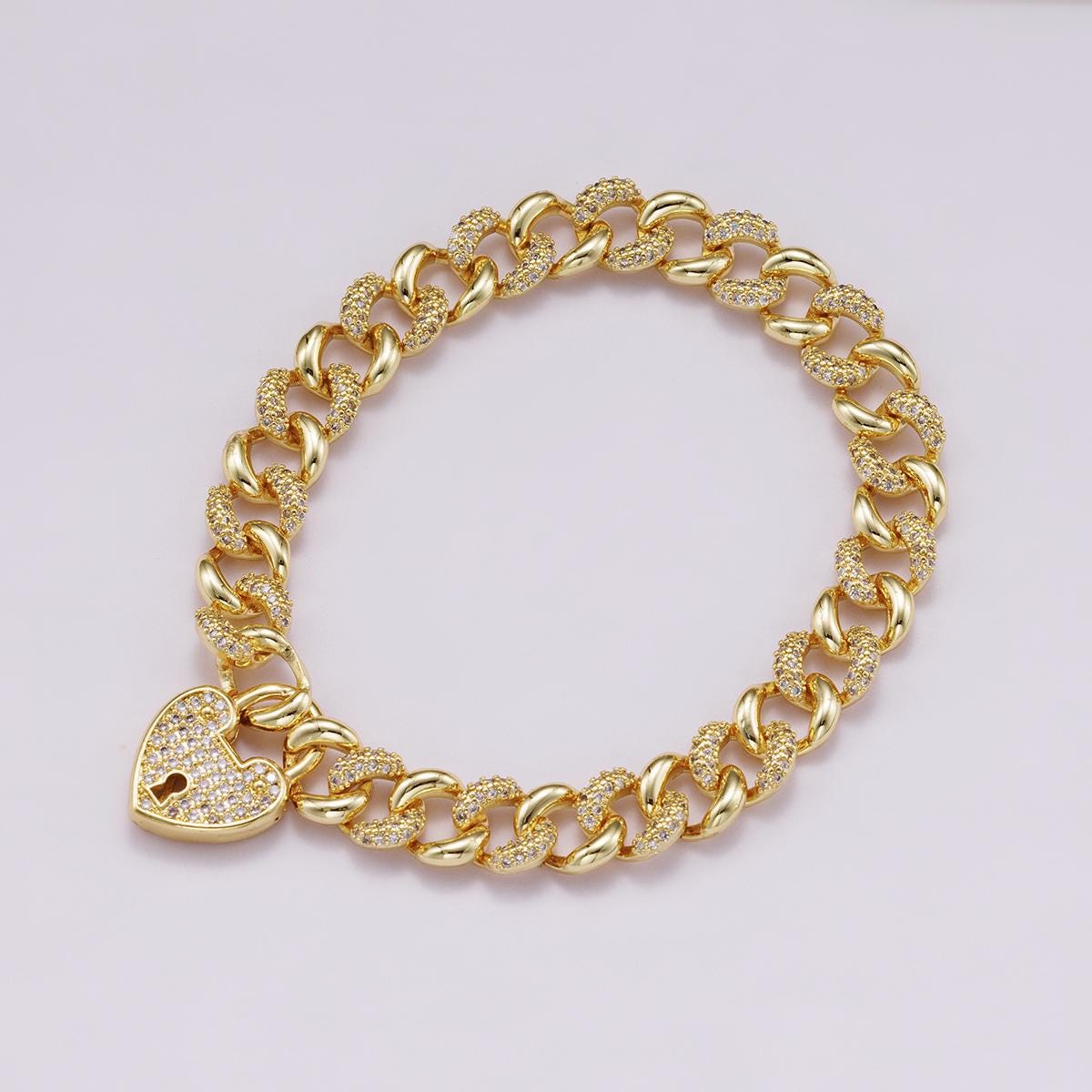 18k Gold Filled Iced Out Cuban Link Bracelet - Luxury 8.7mm wide CZ Pave Chunky Chain with Heart Clasp for Hip Hop Jewelry WA4333