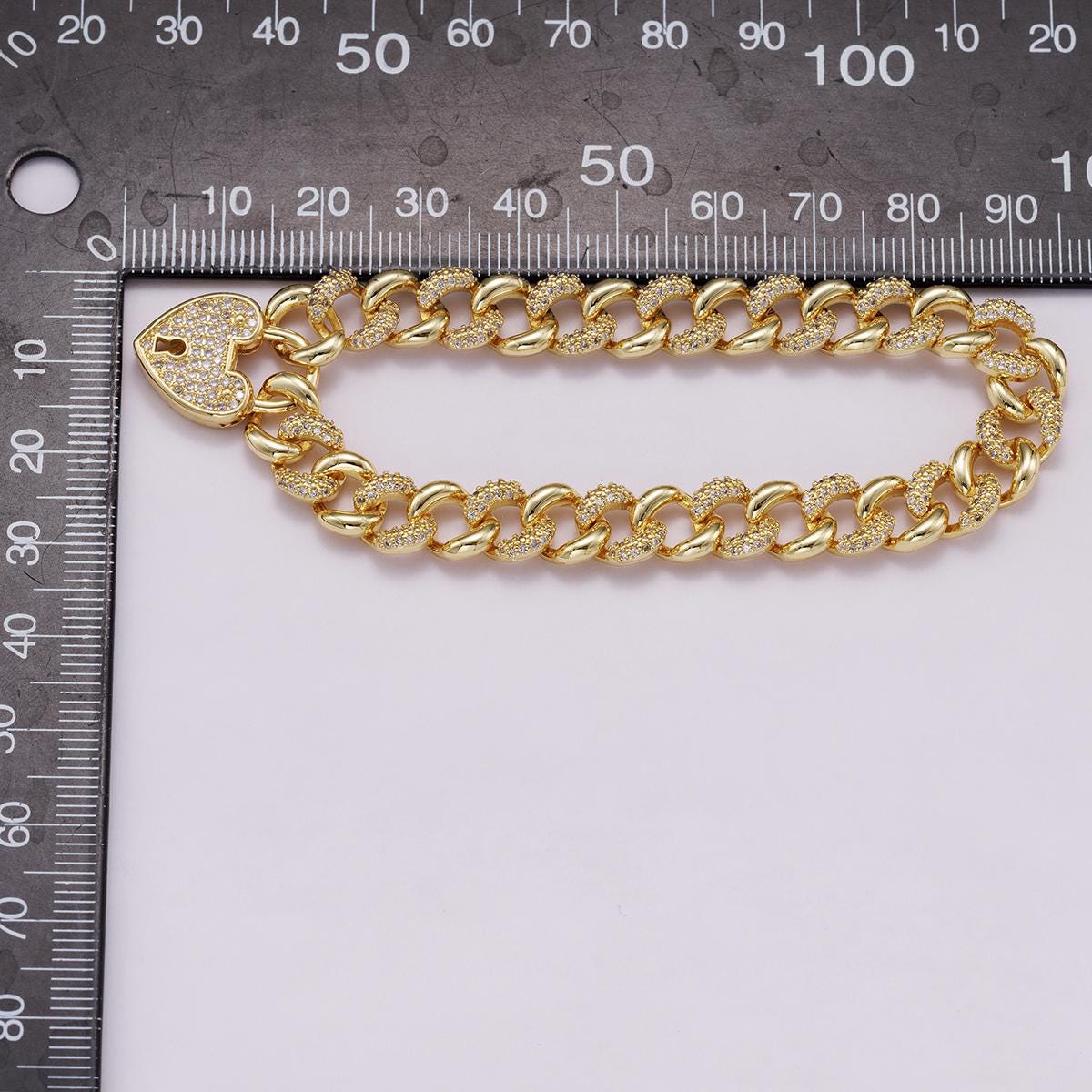 18k Gold Filled Iced Out Cuban Link Bracelet - Luxury 8.7mm wide CZ Pave Chunky Chain with Heart Clasp for Hip Hop Jewelry WA4333