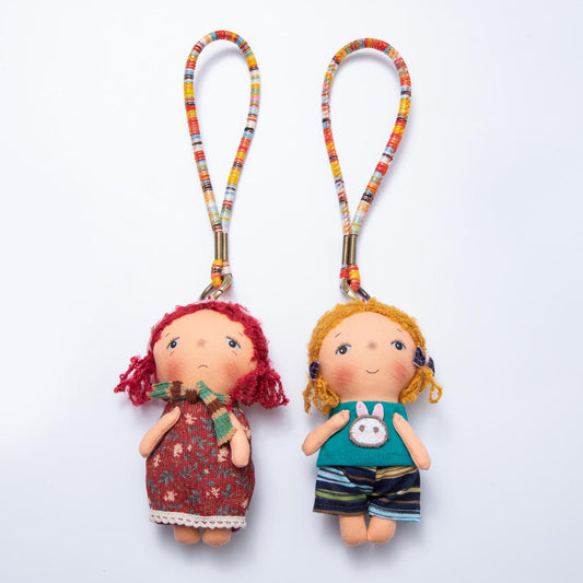 Fabric Doll 300mm Red Hair and Golden Hair Little Girl Friendship Keychain Plushie for Purses Backpacks Colorful Lanyard | WB-00065