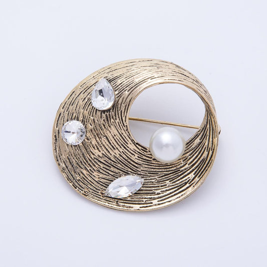 Vintage Antique Gold 41mm Mix Cut CZ Single Shell Pearl in Twist Band Brooch Pin | BH-027