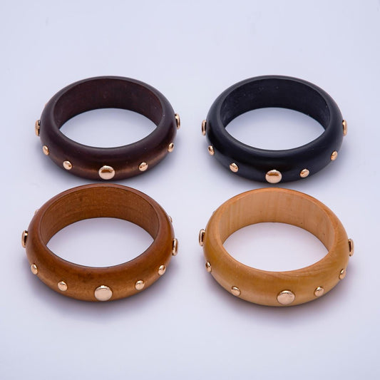 Chunky Wood Bangle Bracelet Gold Studded Earth Tones Statement Jewelry WA-4310