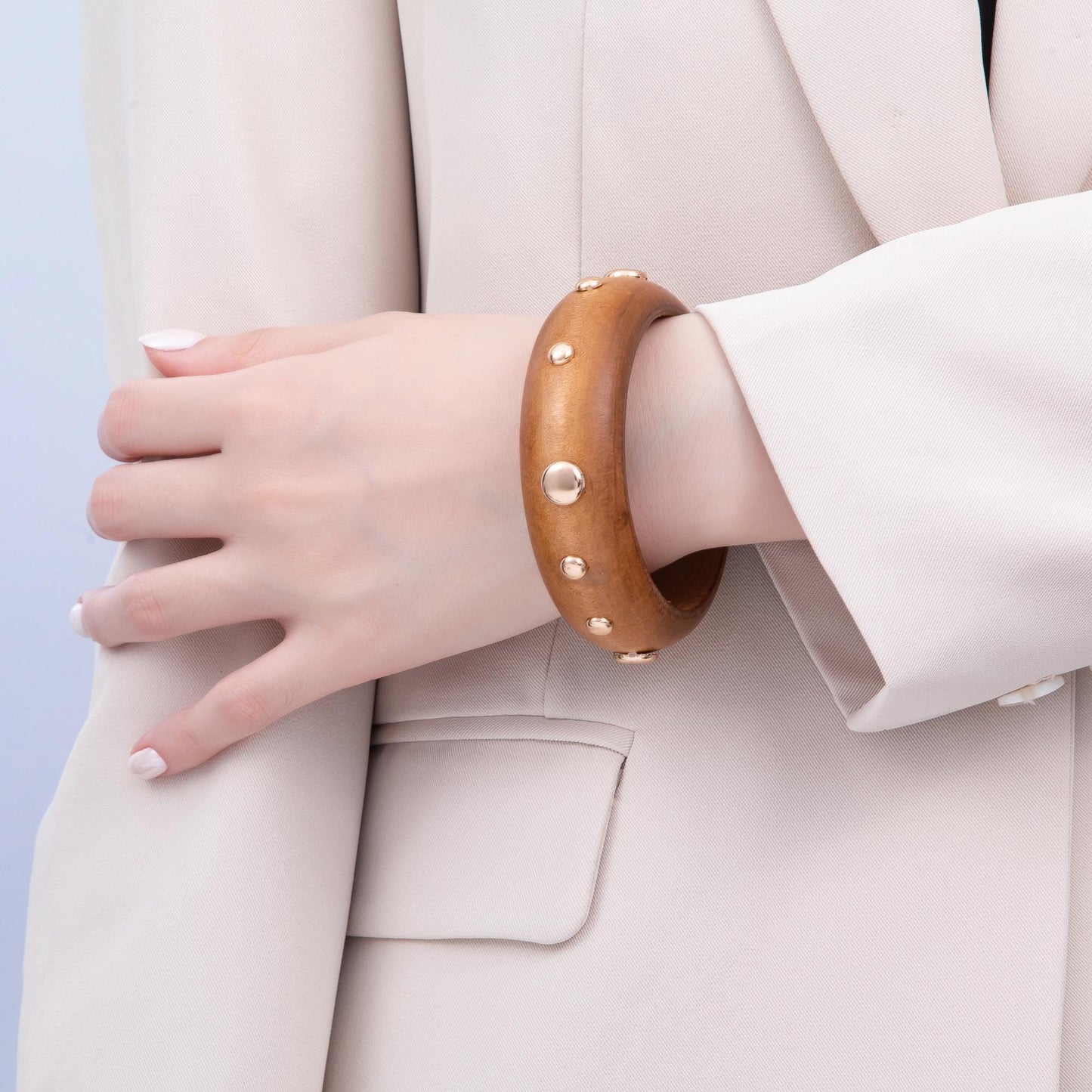 Chunky Wood Bangle Bracelet Gold Studded Earth Tones Statement Jewelry WA-4310