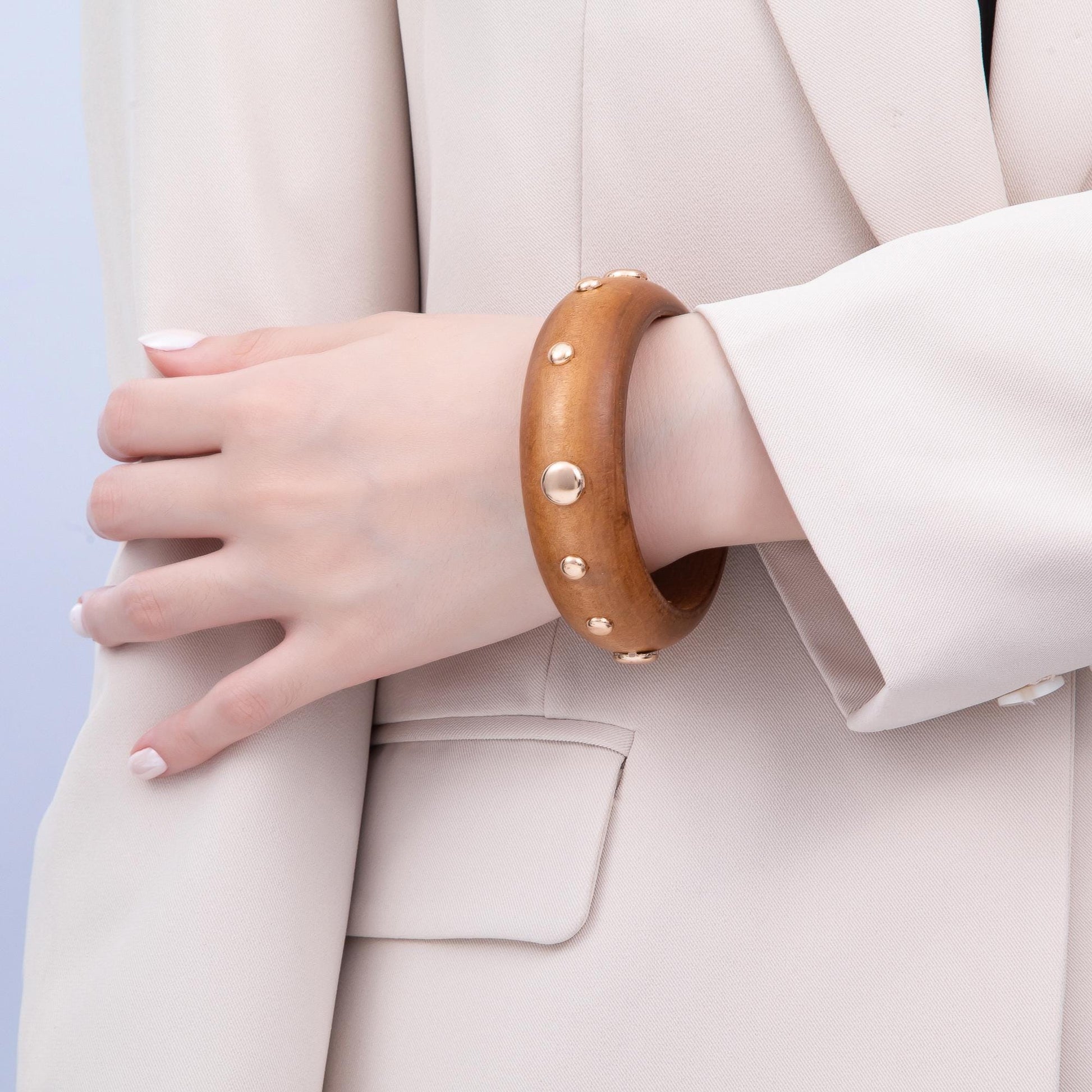Chunky Wood Bangle Bracelet Gold Studded Earth Tones Statement Jewelry WA-4310