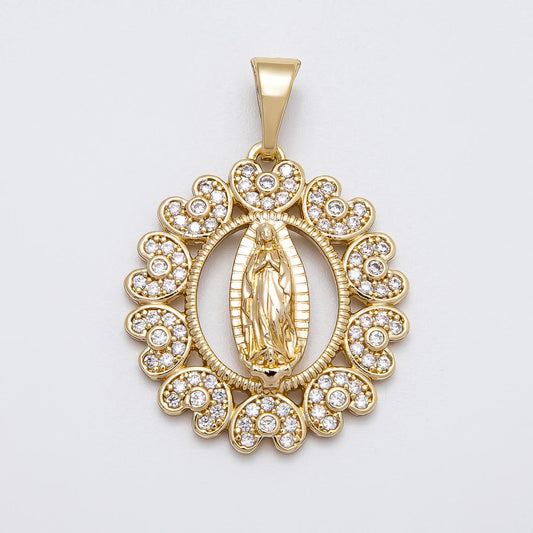 14K Gold Filled Lady Guadalupe Charm with Micro Pave Heart Outlined Oval Religious Pendant | CHARMS-00516