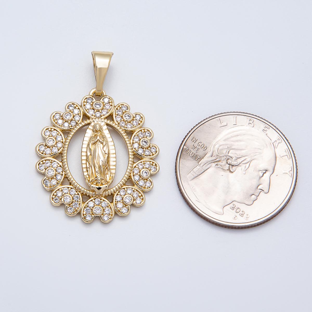 14K Gold Filled Lady Guadalupe Charm with Micro Pave Heart Outlined Oval Religious Pendant | CHARMS-00516