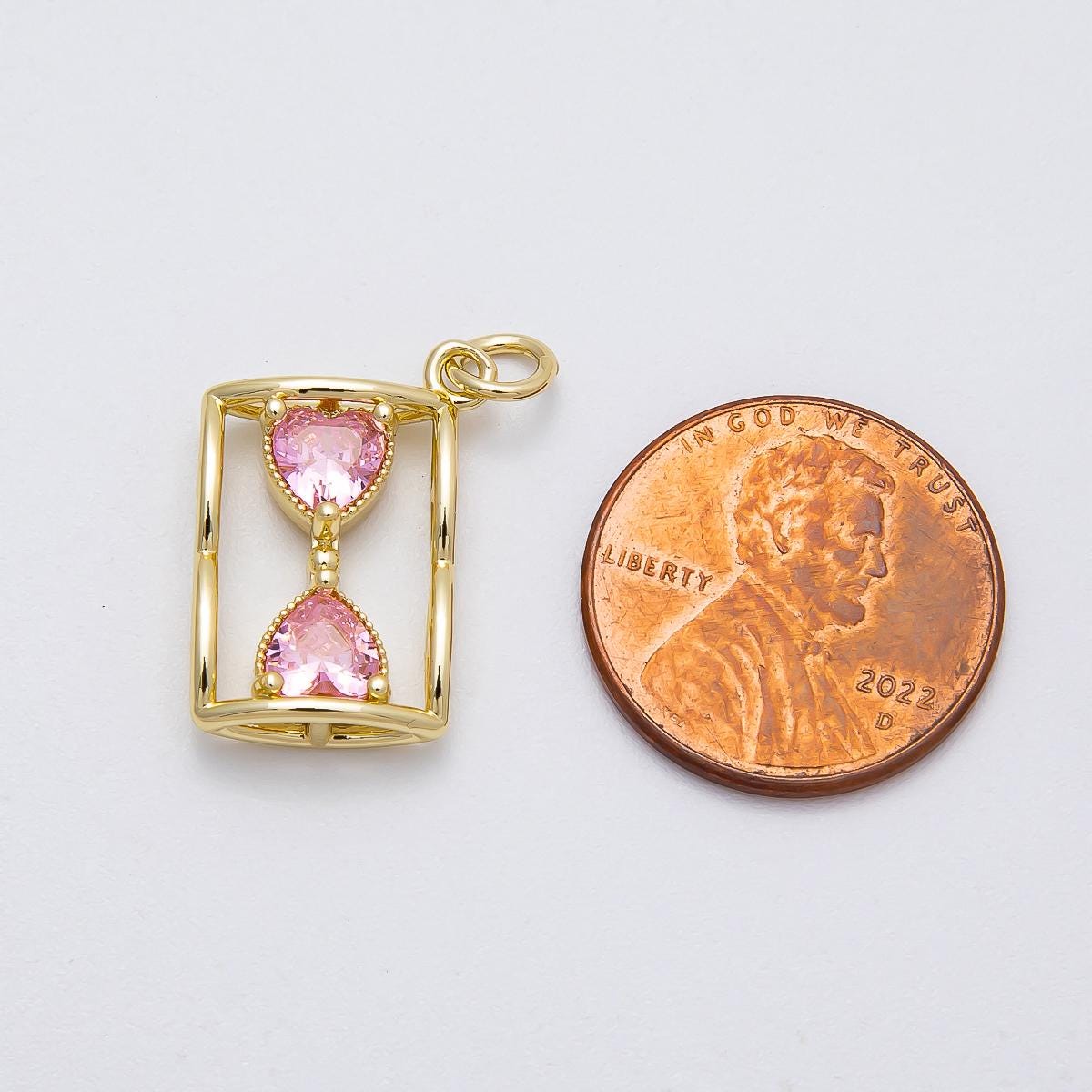 16k Gold Filled 18.8mm Hourglass Pendant Necklace Dainty Pink Sapphire Sand Timer Charm Romantic Birthday Jewelry Gift | CHARMS-00451