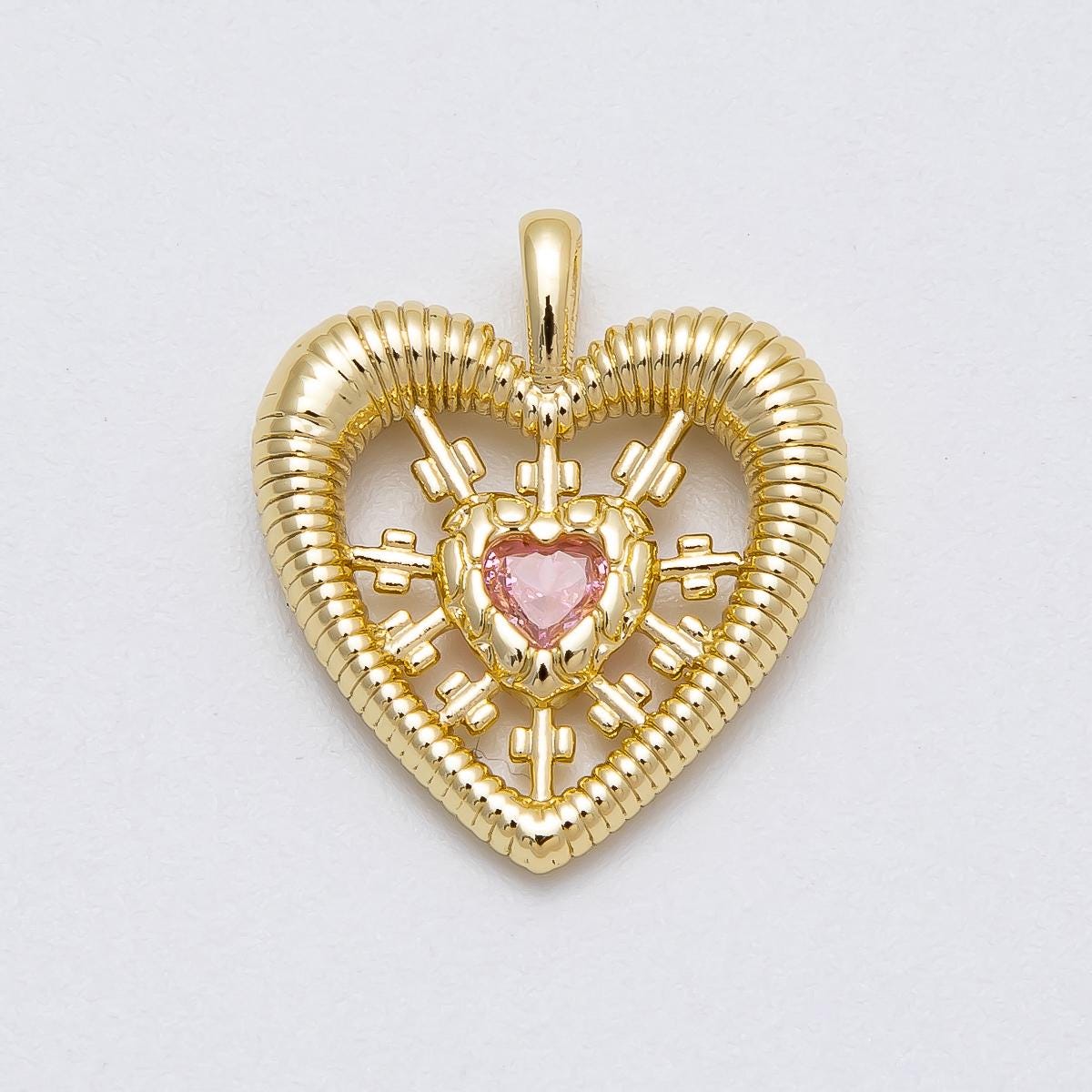 16k Gold Filled 20.2mm Ribbed Heart Pendant Pink CZ Sunburst Charm Radiant Medallion Dainty Love Jewelry Gift for her | CHARMS-00452