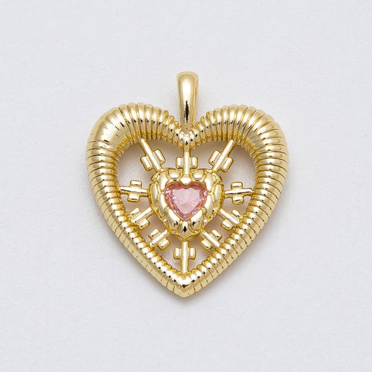 16k Gold Filled 20.2mm Ribbed Heart Pendant Pink CZ Sunburst Charm Radiant Medallion Dainty Love Jewelry Gift for her | CHARMS-00452