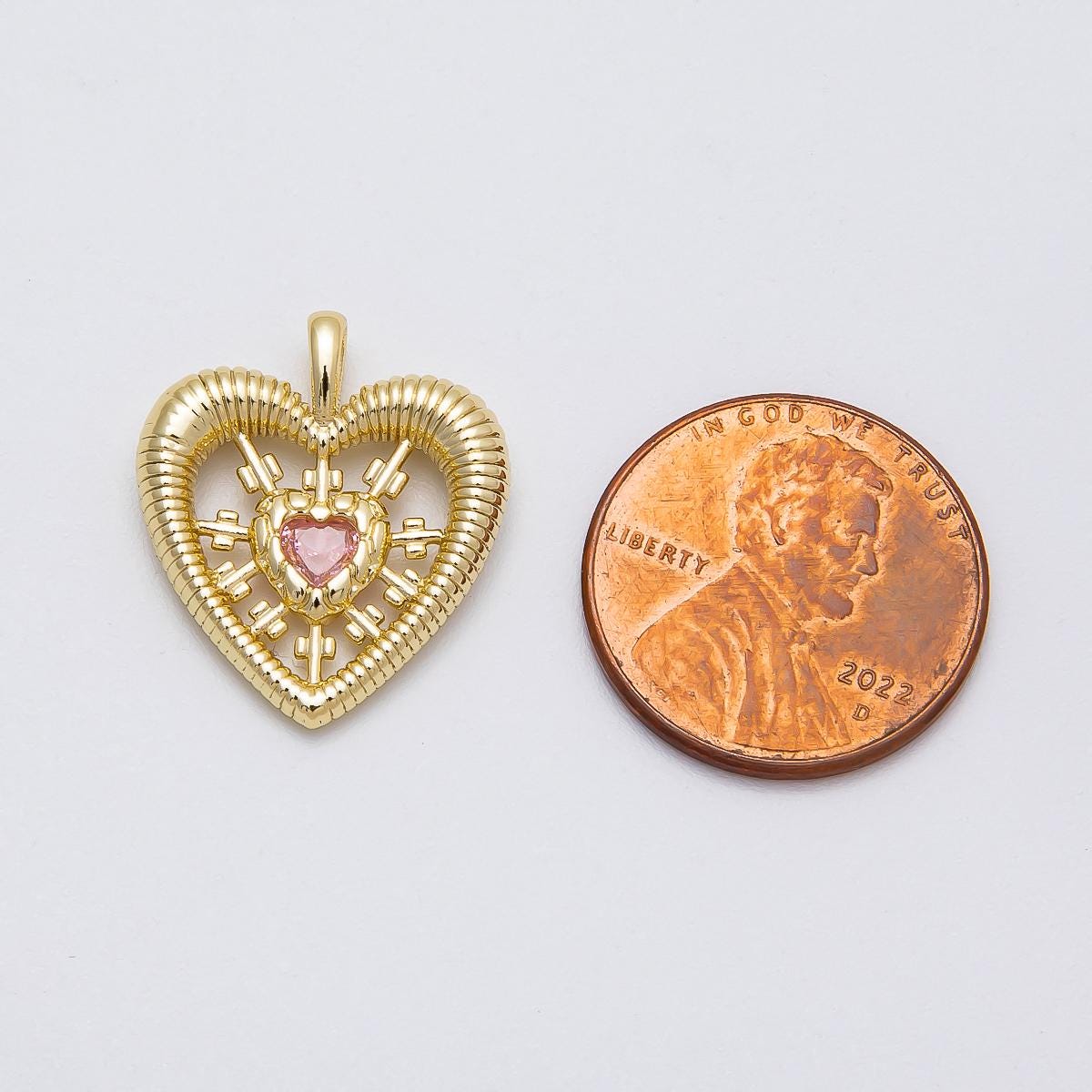 16k Gold Filled 20.2mm Ribbed Heart Pendant Pink CZ Sunburst Charm Radiant Medallion Dainty Love Jewelry Gift for her | CHARMS-00452
