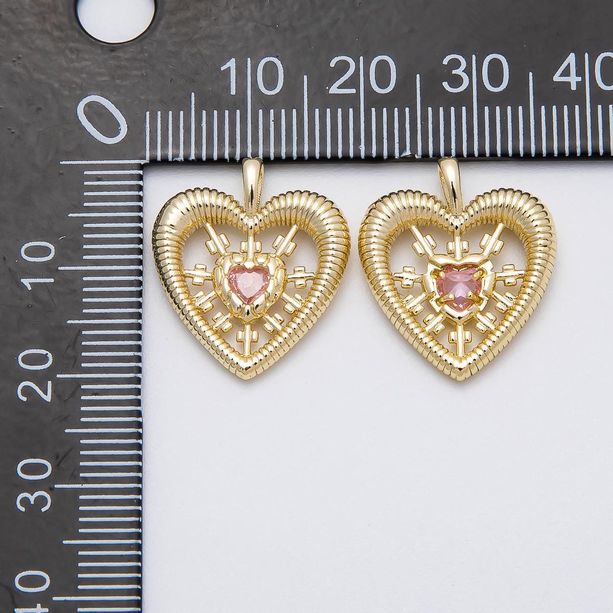 16k Gold Filled 20.2mm Ribbed Heart Pendant Pink CZ Sunburst Charm Radiant Medallion Dainty Love Jewelry Gift for her | CHARMS-00452