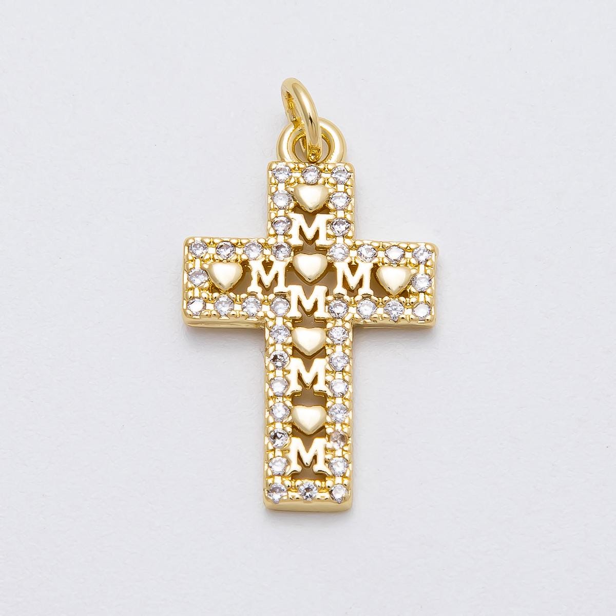 16k Gold Filled 23.8mm Micro Paved CZ Mom Cross Charm with Hearts Mother's Day Jewelry Gift Religious Christian Gift for her | CHARMS-00461