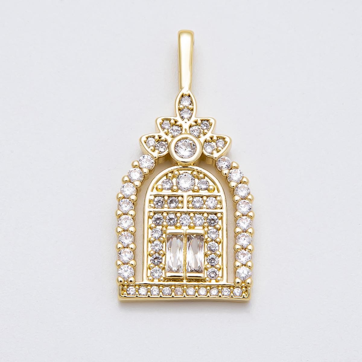 16k Gold Filled 34.1mm Arched Window Pendant Micro paved CZ Cathedral Charm Dainty Celestial Jewelry Supply Gift for her | CHARMS-00462