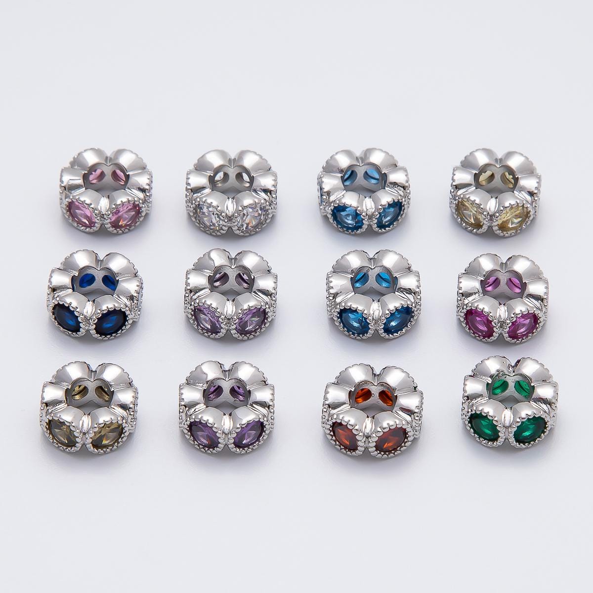 White Gold Filled 10.7mm Birthstone Spacer Beads CZ Marquise Flower Bead Colorful Gemstone for Necklaces Bracelets DIY Supply | BEADS-00208