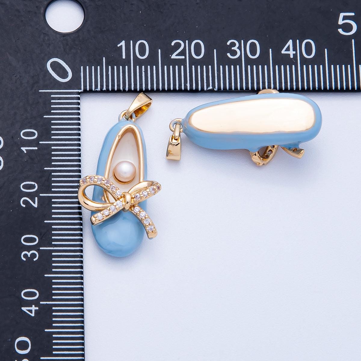 18K Gold Filled 27mm Blue, Pink Shell Pearl Micro Paved Coquette Bow Ballerina Flat Shoes Multidimensional Enamel Pendant | CHARMS-00465