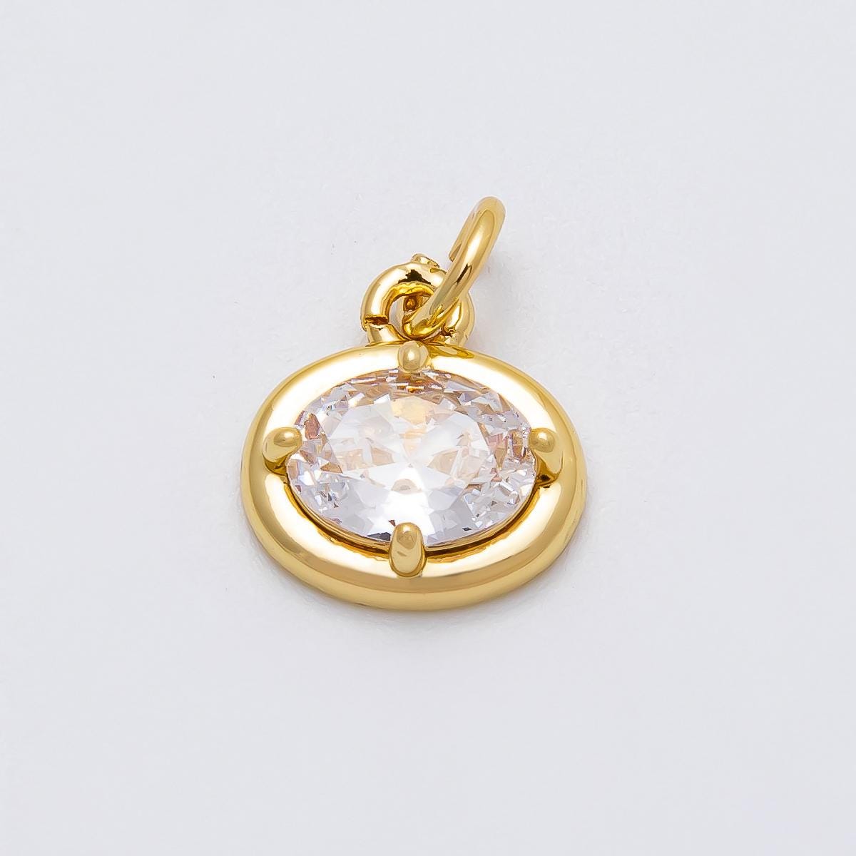 16k Gold Filled Oval CZ Charm Solitaire Bezel Charm Sparkling Clear Stone Jewelry DIY Supply for custom Necklace | CHARMS-00472
