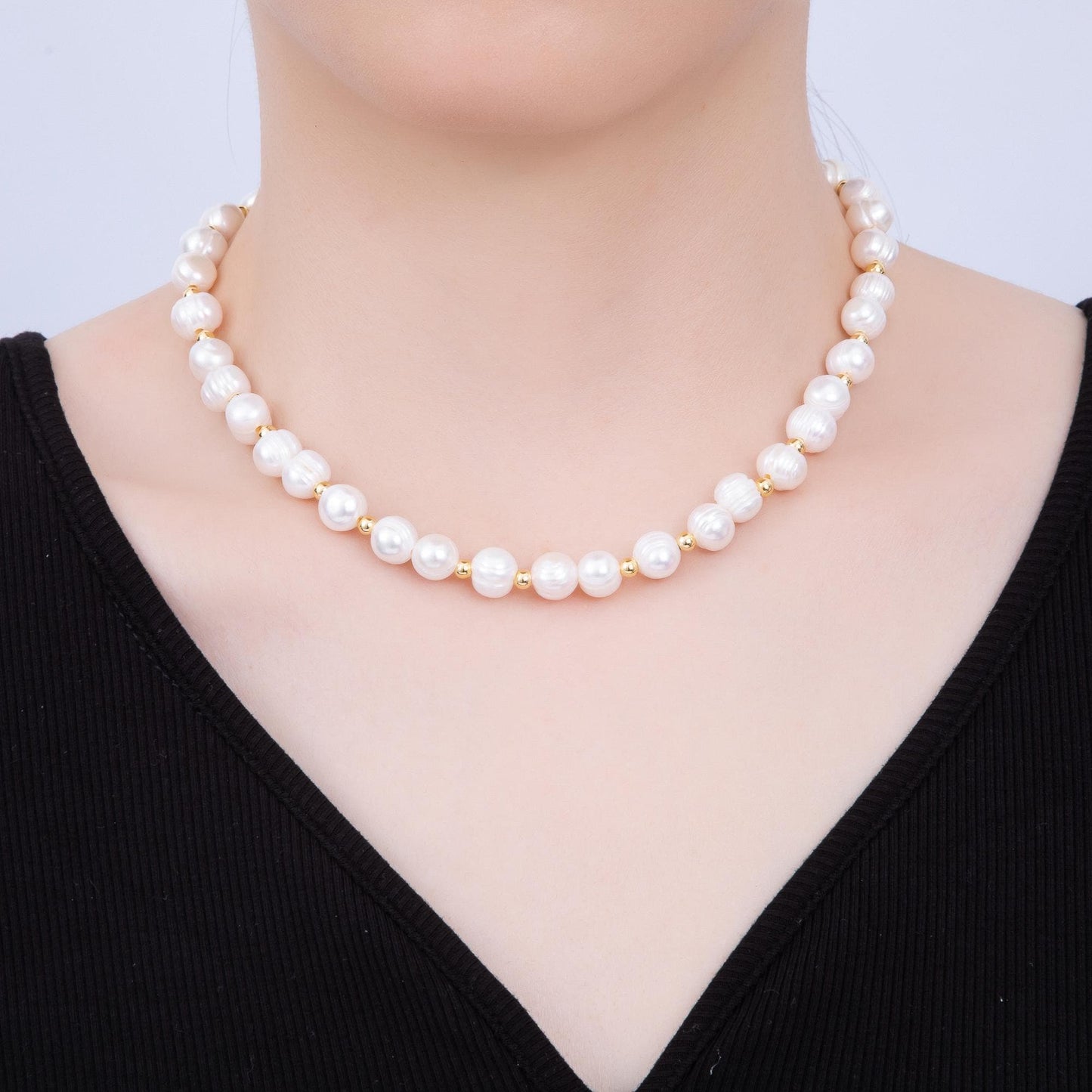 Handmade Baroque Freshwater Pearl Necklace with Gold Beads, Elegant Minimalist Pearl Dainty Luxury Gift for Mothers Day Women WA-4301