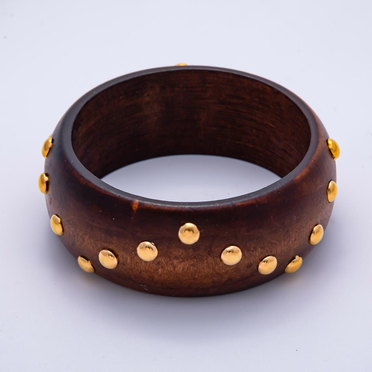 Bold Wood Bangle Bracelet Gold Studded Earth Tones Statement Jewelry WA-4319