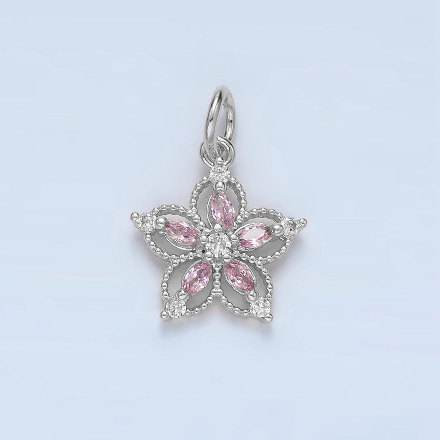 Micro Pave CZ Flower Charm Pendant, Rhodium Plated Copper Dainty Charm Charms-00192