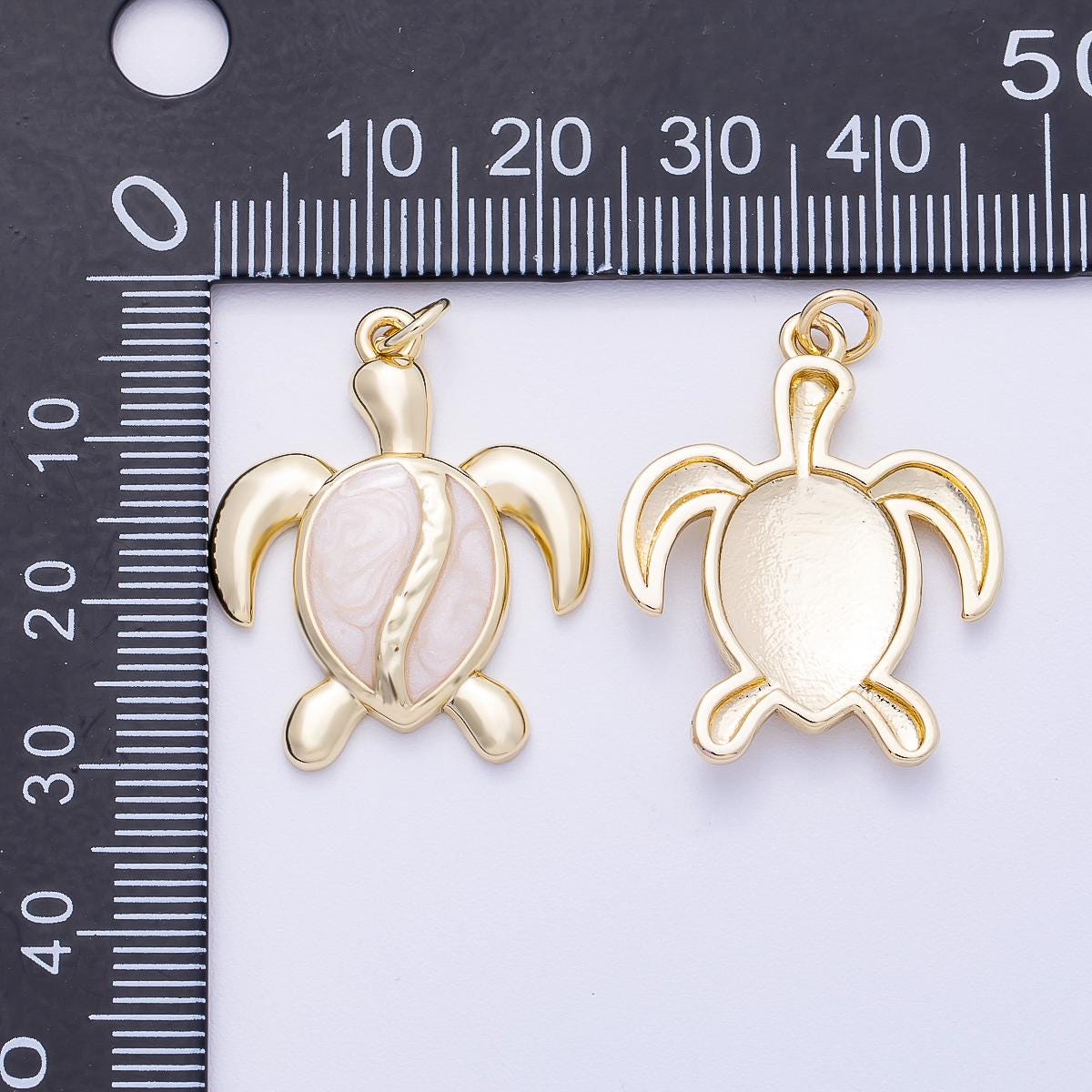 16K Gold Filled 28mm White Enamel Turtle Tortoise Animal Charm pearlescent shell tropical ocean jewelry beach lover gift | Charms-00496