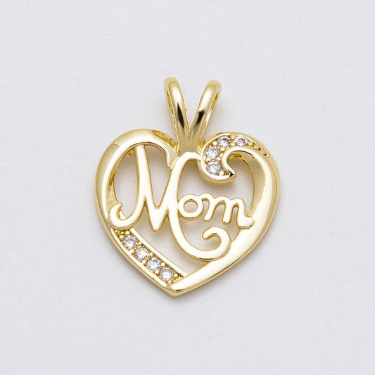 16K Gold Filled 23mm Pretty "MOM" Micro Paved CZ Heart Pendant Love Jewelry for Mother Elegant Gift for Her DIY Necklace | Charms-00463