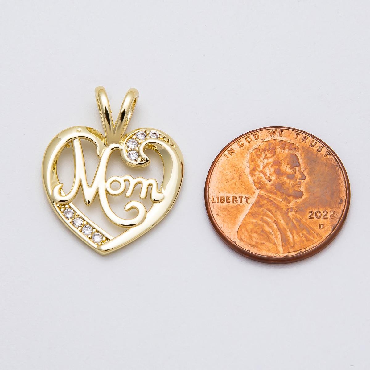 16K Gold Filled 23mm Pretty "MOM" Micro Paved CZ Heart Pendant Love Jewelry for Mother Elegant Gift for Her DIY Necklace | Charms-00463