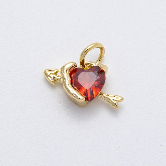 16k Gold Filled Cupid Arrow Heart Charm 8.2mm Red Gemstone Romantic Pendant Love themed DIY Jewelry Supply custom Necklace | CHARMS-00460