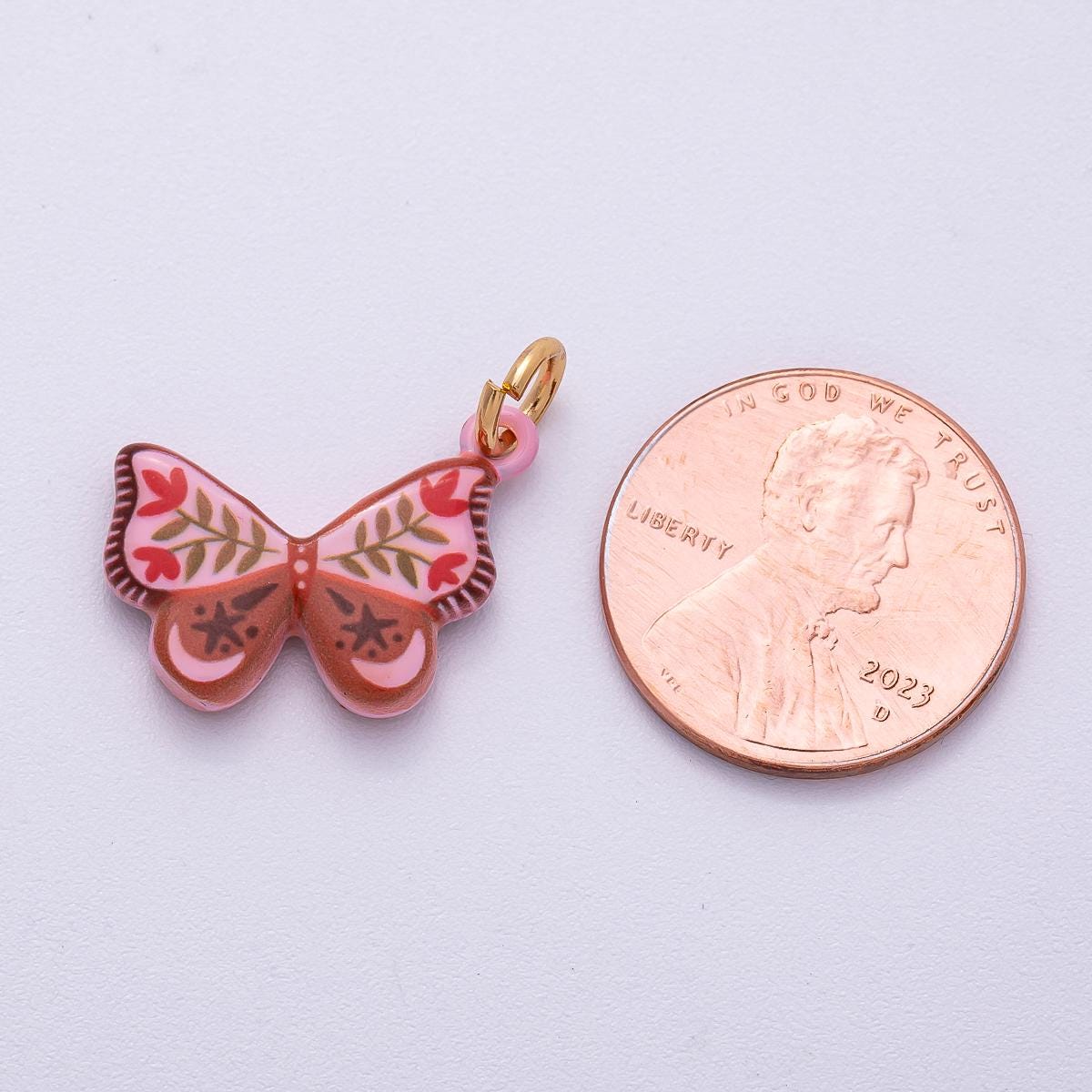 PVD Stainless Steel 18mm Red Pink Enamel Flower Butterfly Charm Celestial Pink Moth Floral Insect Pendant Mariposa Jewelry | Charms-00502