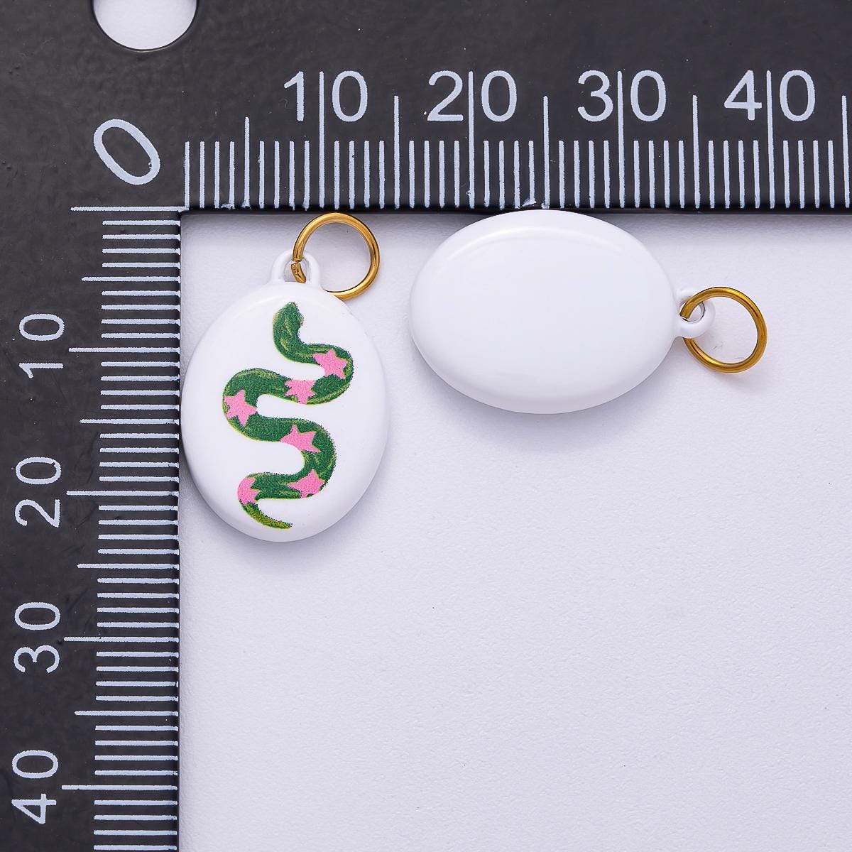 PVD Stainless Steel 20mm Green Snake Pink Star White Enamel Oval Charm Modern Mystic Serpent Pendant DIY Supply Necklace | Charms-00503