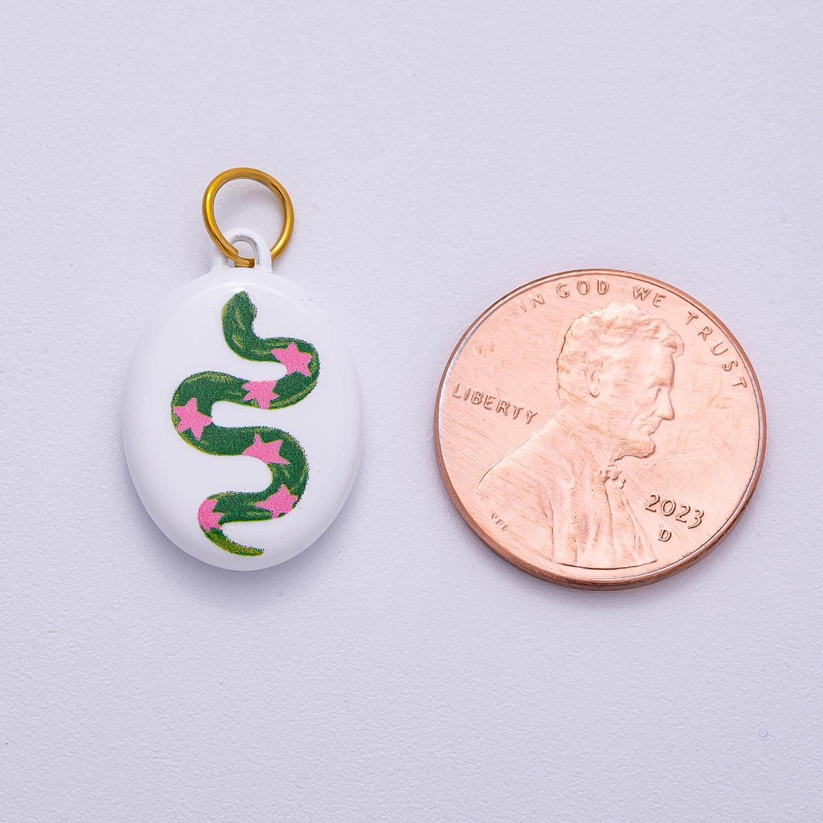 PVD Stainless Steel 20mm Green Snake Pink Star White Enamel Oval Charm Modern Mystic Serpent Pendant DIY Supply Necklace | Charms-00503