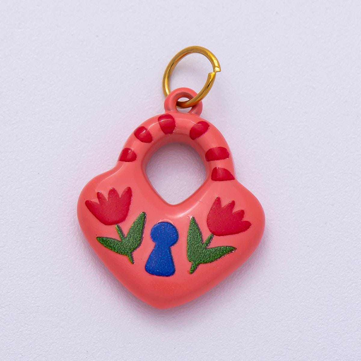 PVD Stainless Steel 21mm Pink Enamel Flower Heart Padlock Charm Whimsical Love Lock pendant DIY Jewelry Supply | Charms-00509