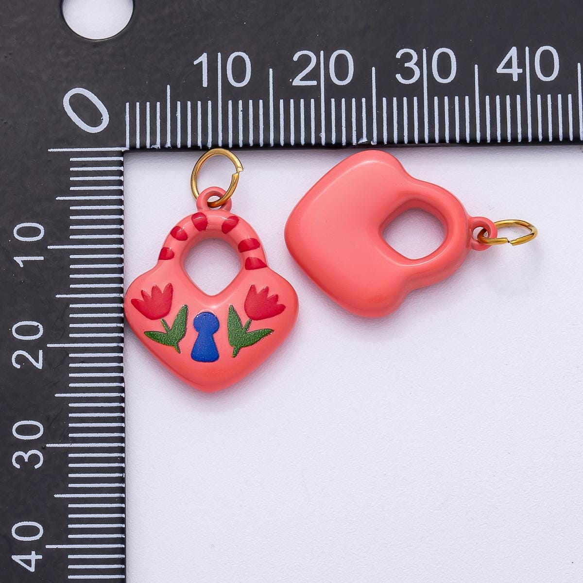 PVD Stainless Steel 21mm Pink Enamel Flower Heart Padlock Charm Whimsical Love Lock pendant DIY Jewelry Supply | Charms-00509