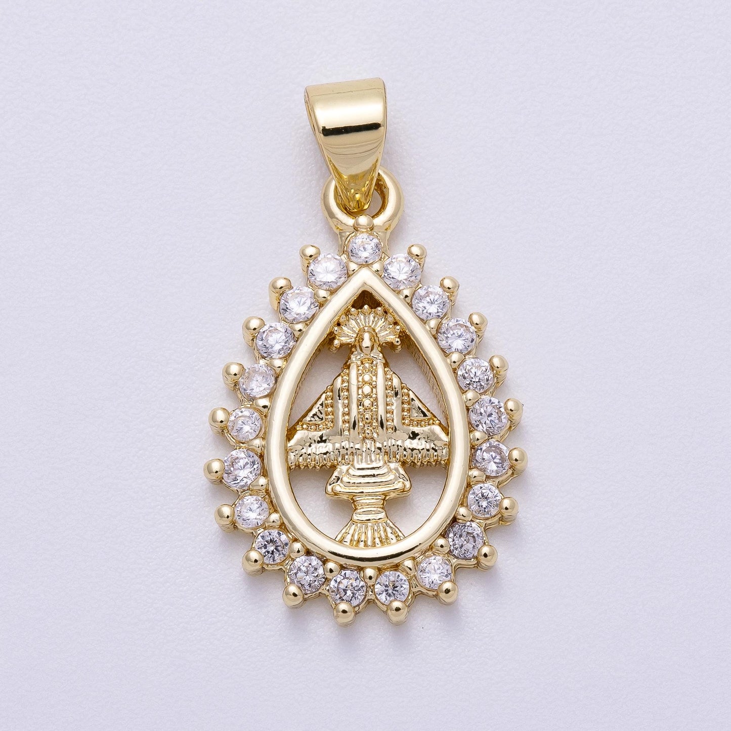 Tear Drop CZ Micro Pave Our Lady of Aparecida – 16k Gold Filled Religious Teardrop Pendant Medallion for Catholic Jewelry Supply Charms-566