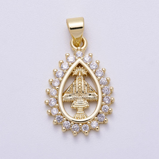 Tear Drop CZ Micro Pave Our Lady of Aparecida – 16k Gold Filled Religious Teardrop Pendant Medallion for Catholic Jewelry Supply Charms-566