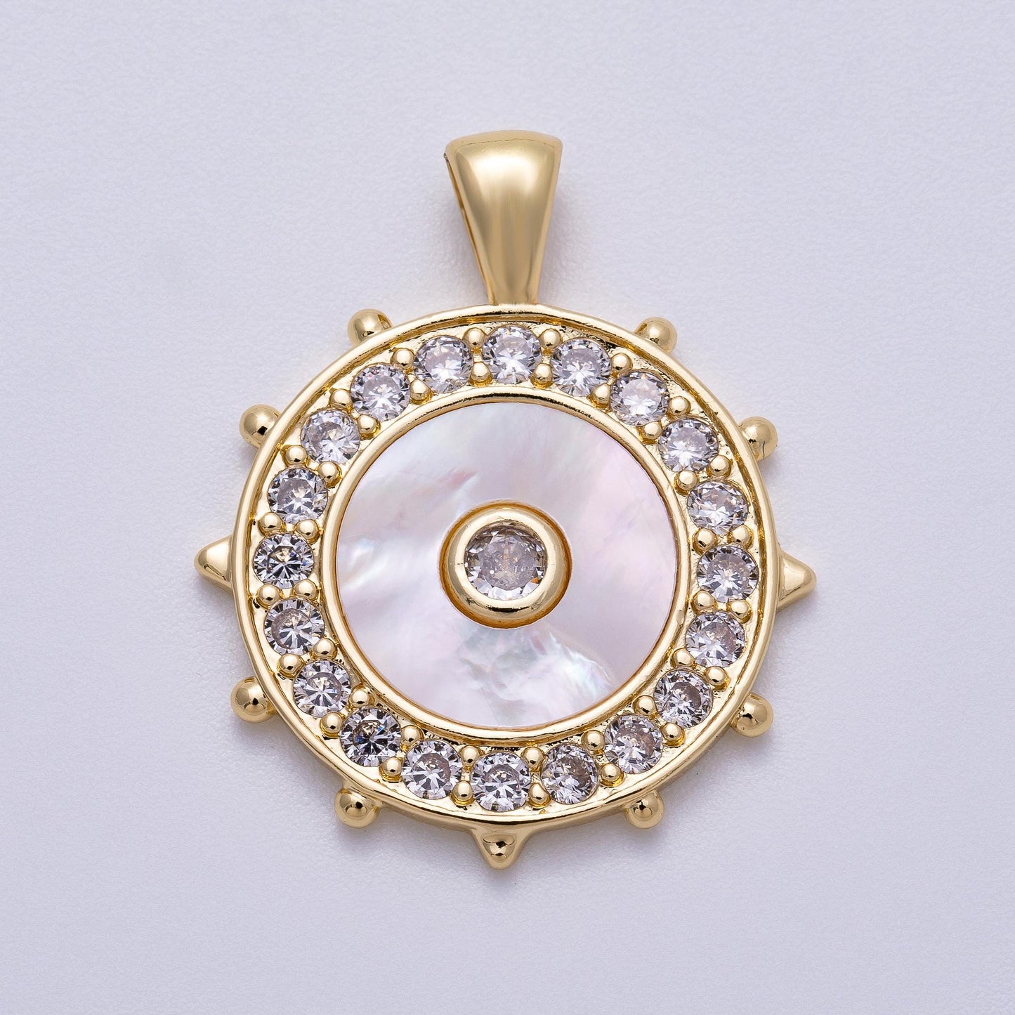 Gold Mother of Pearl Evil Eye Pendant, CZ Diamond Halo Medallion Necklace Charm, Protective Talisman Jewelry Gift Charms-00565
