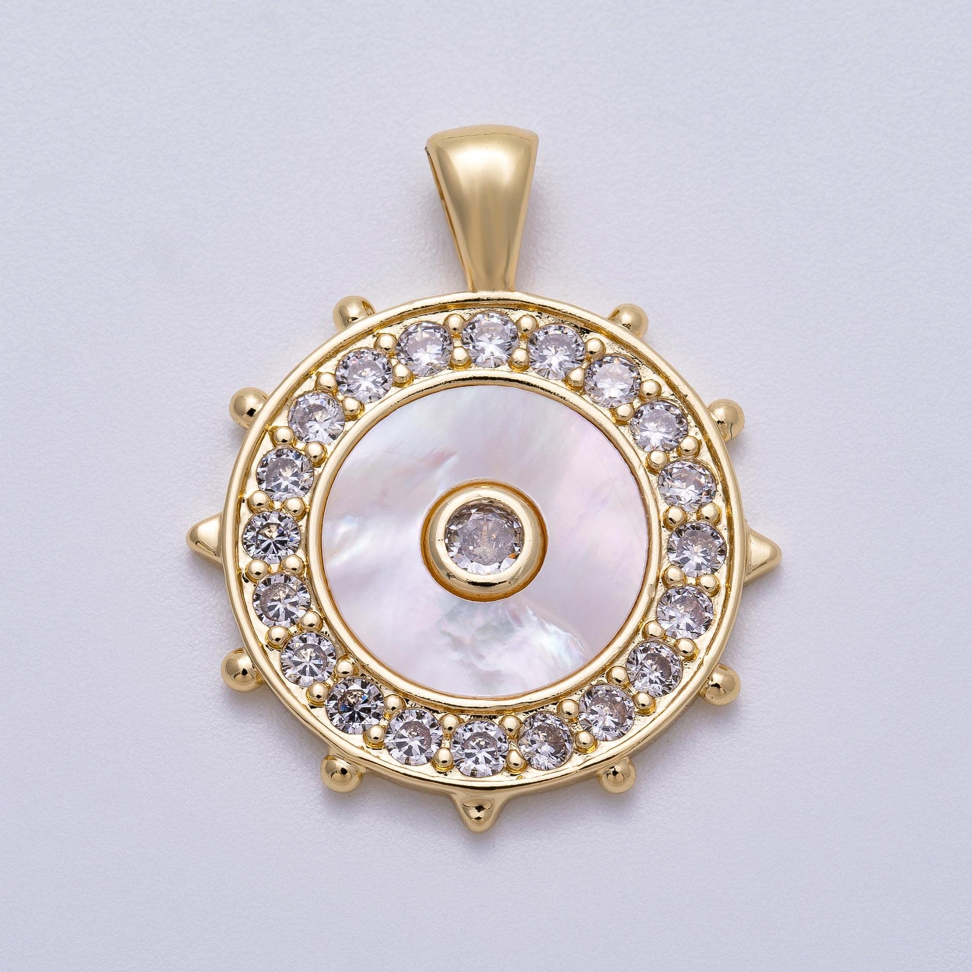 Gold Mother of Pearl Evil Eye Pendant, CZ Diamond Halo Medallion Necklace Charm, Protective Talisman Jewelry Gift Charms-00565