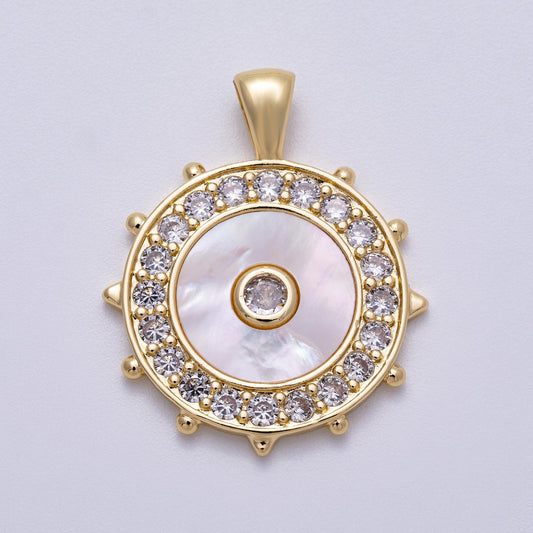 Gold Mother of Pearl Evil Eye Pendant, CZ Diamond Halo Medallion Necklace Charm, Protective Talisman Jewelry Gift Charms-00565