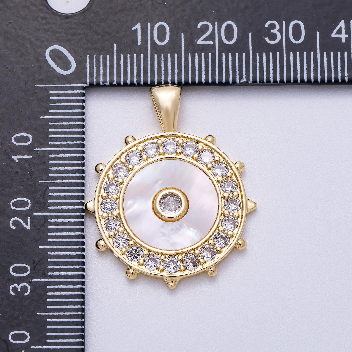 Gold Mother of Pearl Evil Eye Pendant, CZ Diamond Halo Medallion Necklace Charm, Protective Talisman Jewelry Gift Charms-00565