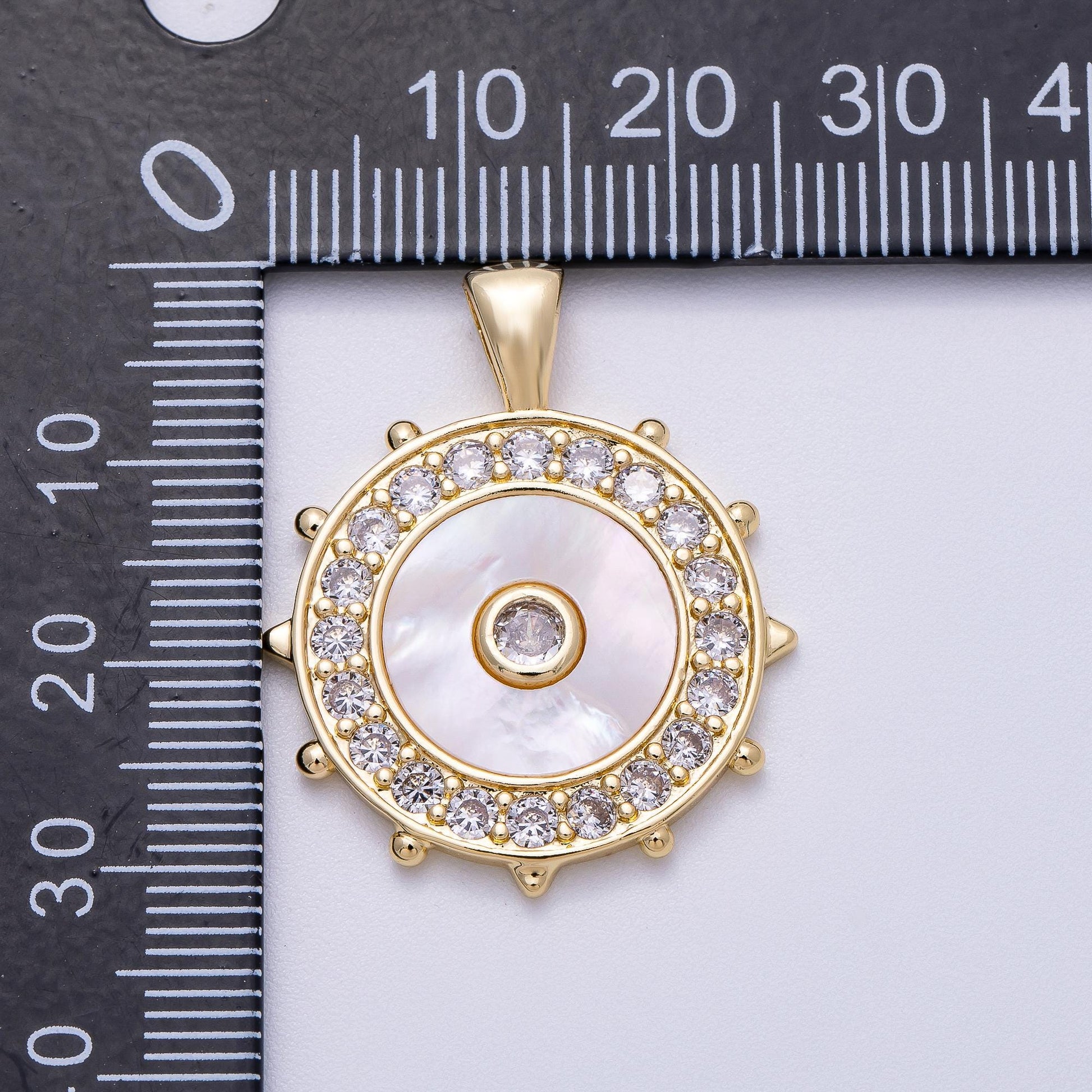 Gold Mother of Pearl Evil Eye Pendant, CZ Diamond Halo Medallion Necklace Charm, Protective Talisman Jewelry Gift Charms-00565