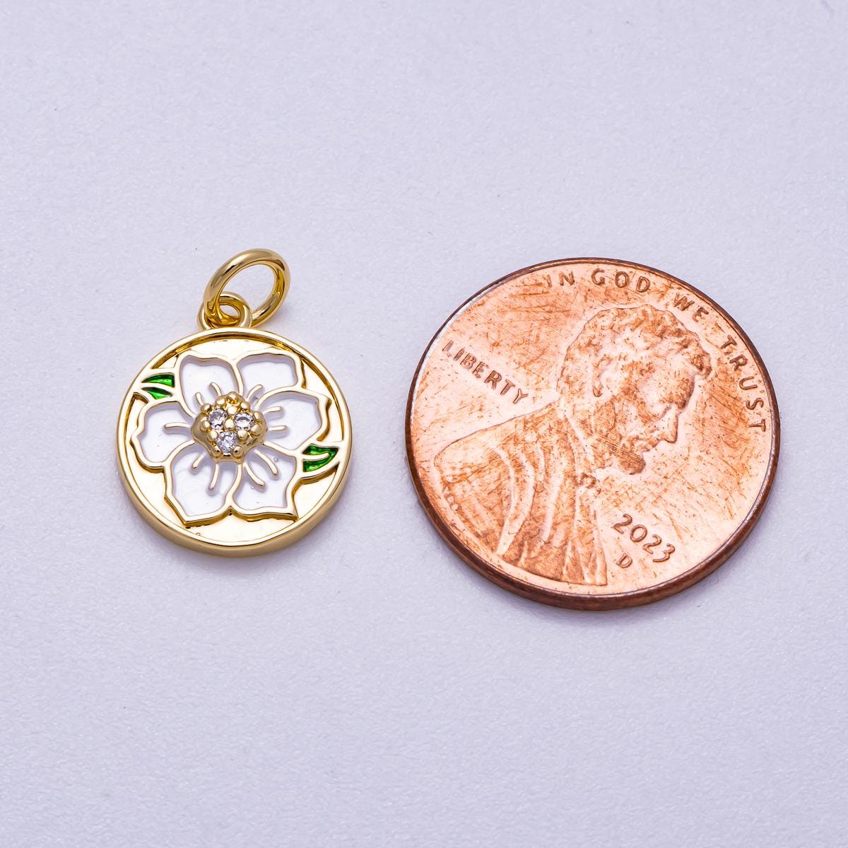 16K Gold Filled 14mm Micro Paved CZ White Enamel Lotus Flower Round Charm Dainty Spring Necklace Pendant DIY Jewelry Supply | Charms-00546