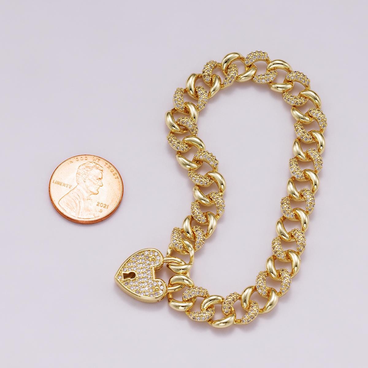 18k Gold Filled Iced Out Cuban Link Bracelet - Luxury 8.7mm wide CZ Pave Chunky Chain with Heart Clasp for Hip Hop Jewelry WA4333