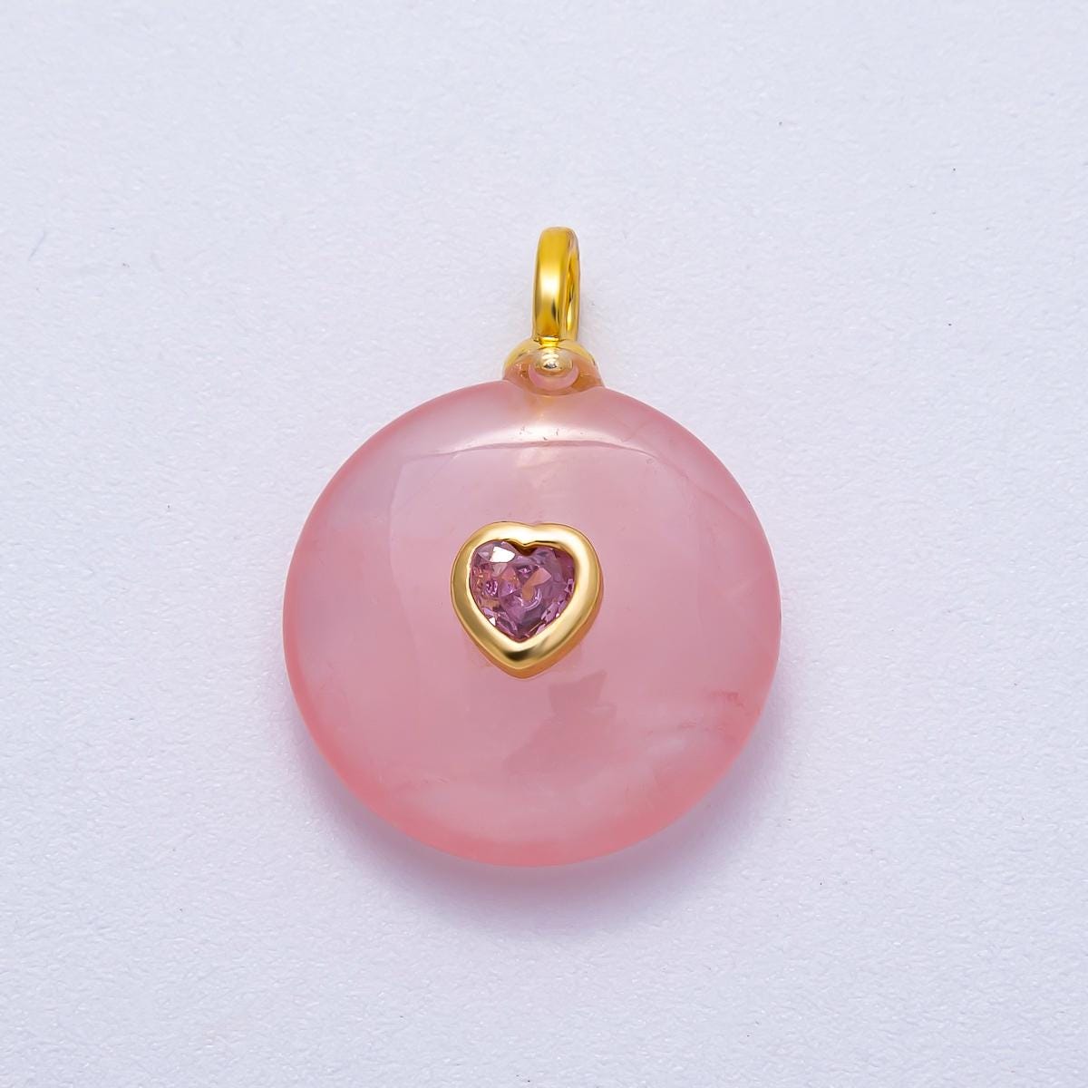 18K Gold Filled 24mm Heart CZ Embedded Natural Gemstone Round Pendant Birthstone Jewelry for DIY Necklace Bracelet Making | Charms-00533