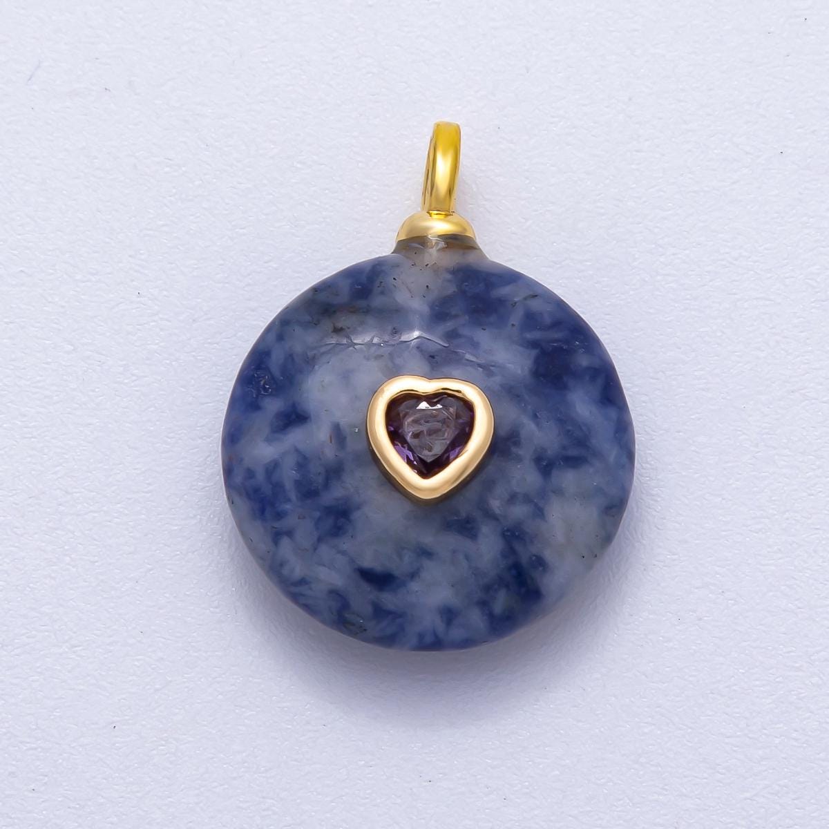 18K Gold Filled 24mm Heart CZ Embedded Natural Gemstone Round Pendant Birthstone Jewelry for DIY Necklace Bracelet Making | Charms-00533