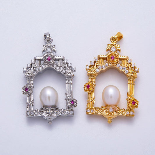 18K Gold Filled 36mm Micro Paved CZ Shell Pearl Artisan Palace Pendant in Gold & Silver Ornate Cathedral Window Gift for her | Charms-0054