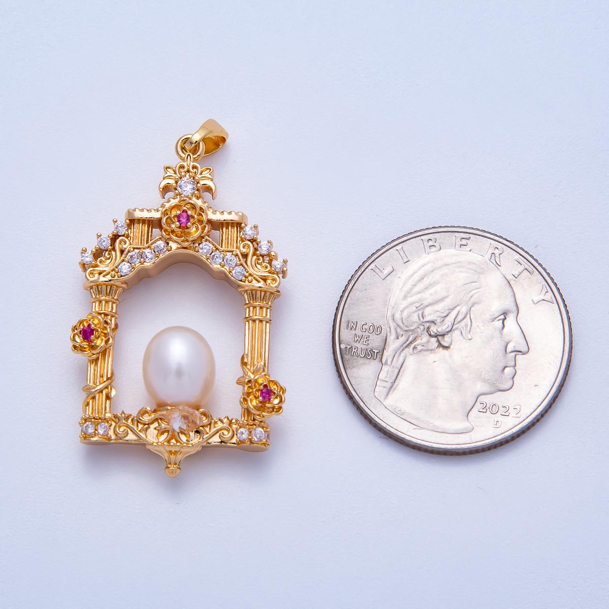 18K Gold Filled 36mm Micro Paved CZ Shell Pearl Artisan Palace Pendant in Gold & Silver Ornate Cathedral Window Gift for her | Charms-0054