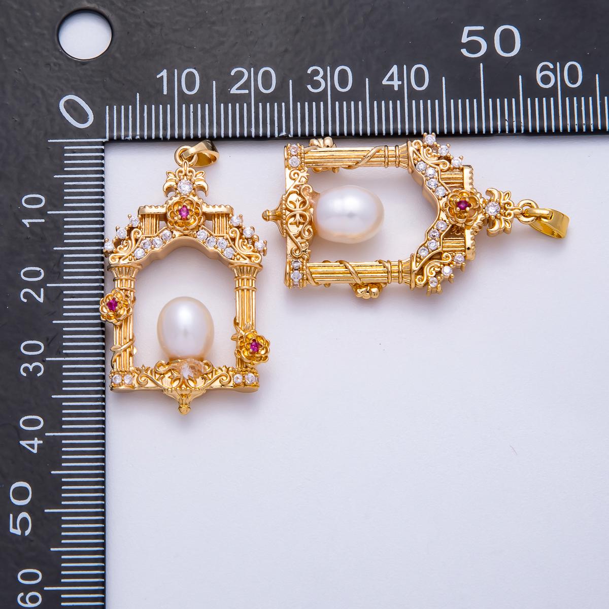 18K Gold Filled 36mm Micro Paved CZ Shell Pearl Artisan Palace Pendant in Gold & Silver Ornate Cathedral Window Gift for her | Charms-0054