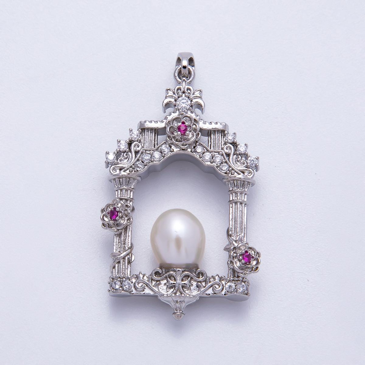18K Gold Filled 36mm Micro Paved CZ Shell Pearl Artisan Palace Pendant in Gold & Silver Ornate Cathedral Window Gift for her | Charms-0054