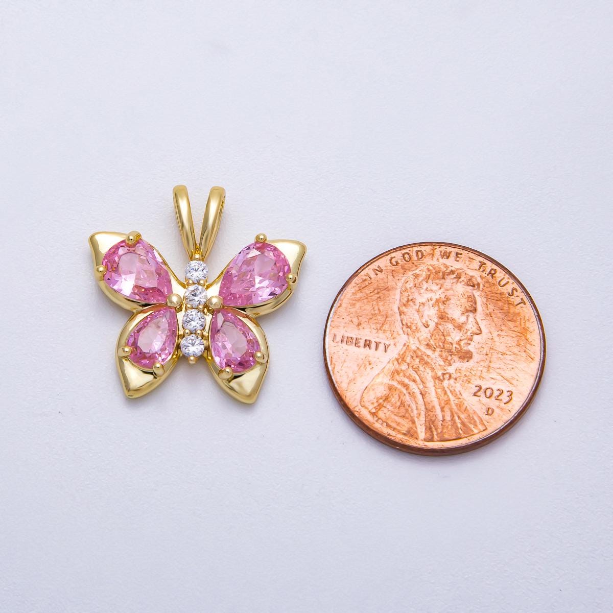 18K Gold Filled 19mm Pink CZ Micro Paved Butterfly Mariposa Animal Pendant Dainty Insect Charm DIY Jewelry Making Supply | Charms-00538