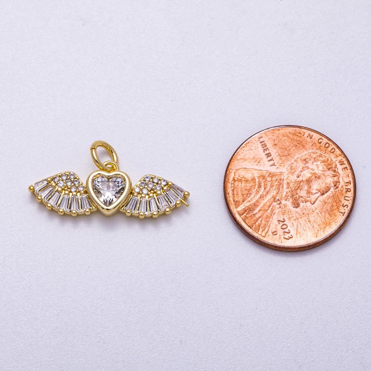 16K Gold Filled 23mm Clear Micro Paved CZ Baguette Heart Angel Wings Charm Religious Jewelry Gift for her diy supply | Charms-00540